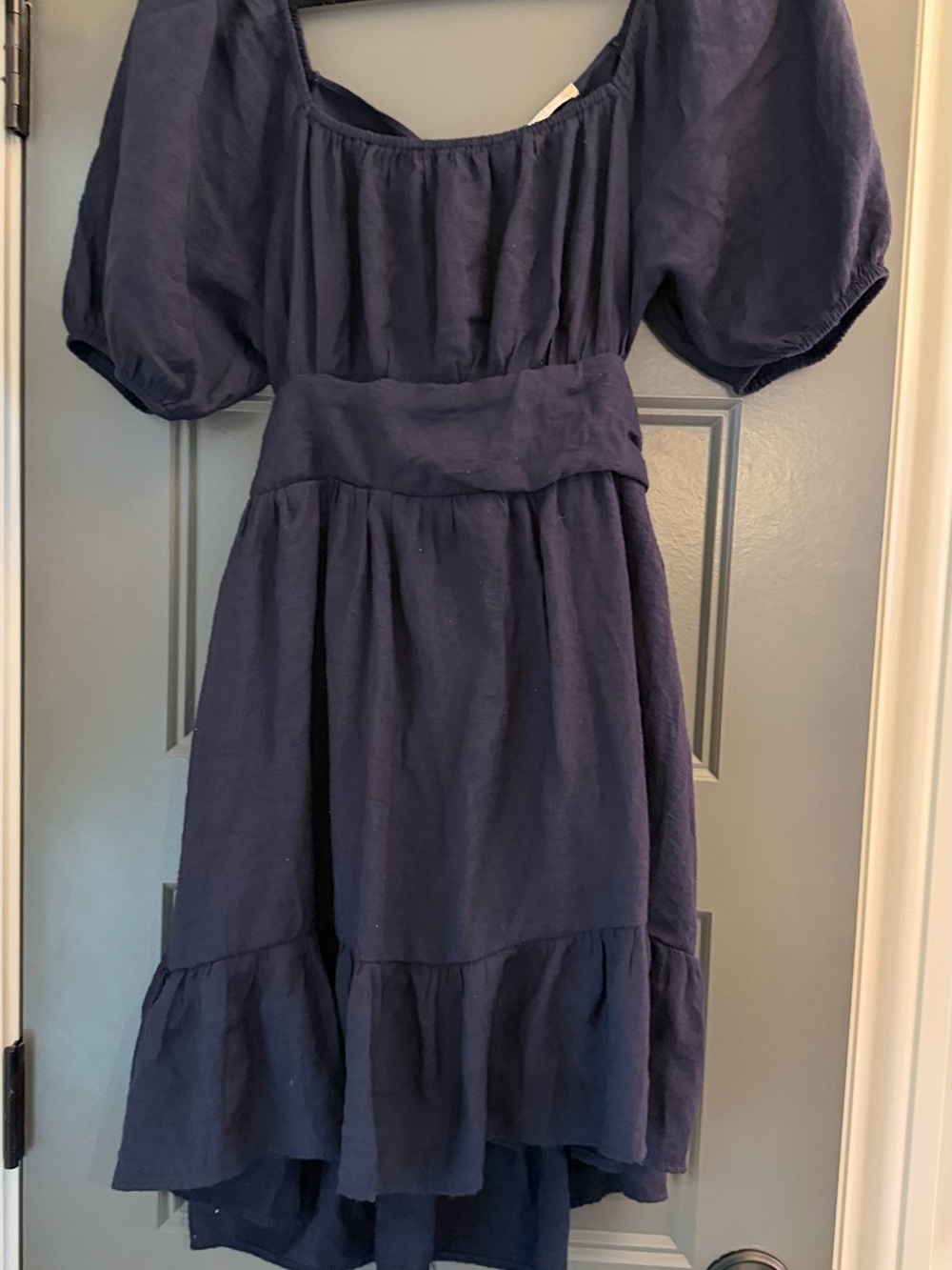 Altar'd State Navy Puff-Sleeve Tiered High-Low Dress L